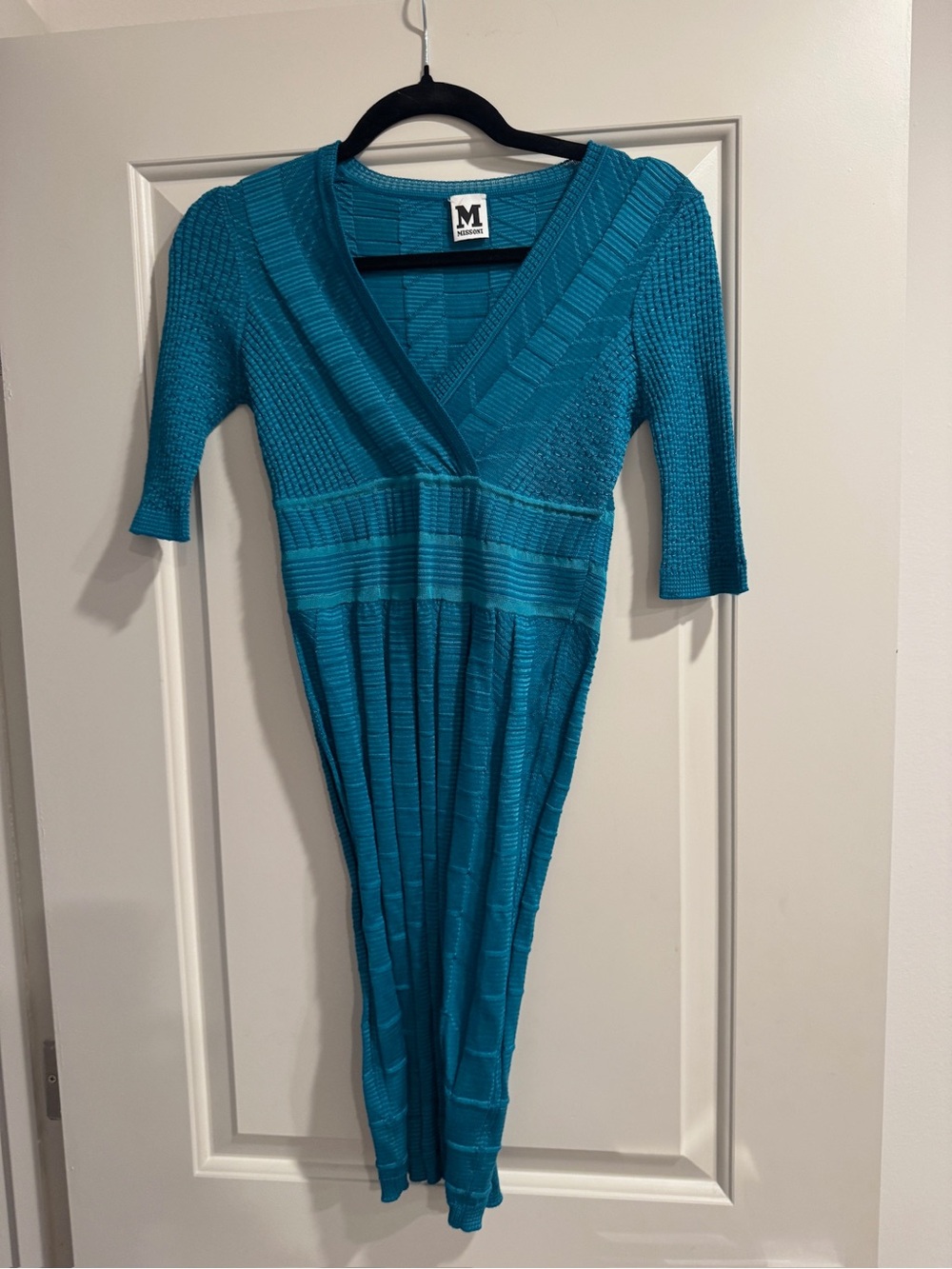 M by Missoni Teal Ribbed V-Neck Knit Dress